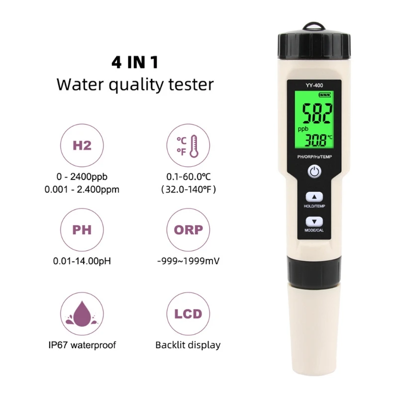 Newest YY-400 4 in 1 PH/ORP/H2&TEM Meter Digital Dydrogen Ion Concentration Test 964E