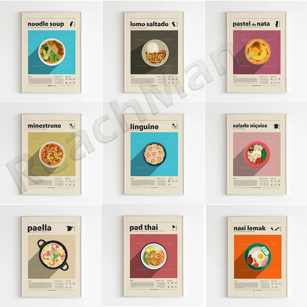 Food prints, paella, noodle soup, nasi lemak, Salade niçoise, Tahailan Pad Thai, Pastel De Nata Mexican food poster