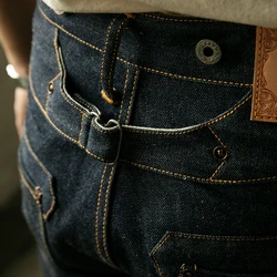 RS-0002B lire la description! Pantalon en denim non lavé taille haute, jean non sanforisé, lisière indigo brute, tornade rouge, 14oz