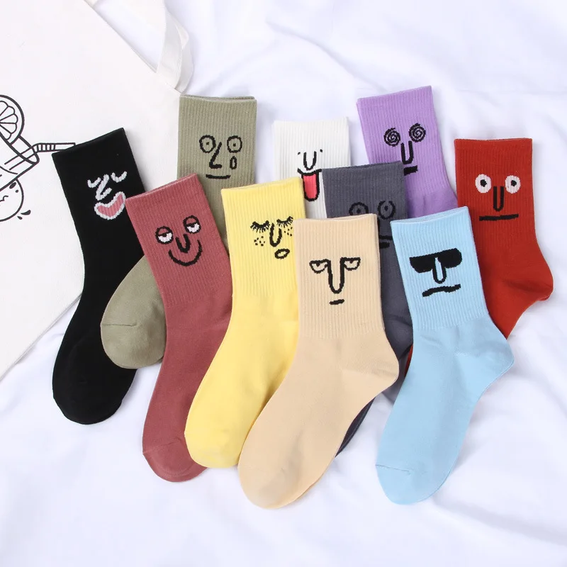 Funky Surprise Face Women Cotton Crew Socks Harajuku Colorful Funny Girl Gift Kawaii INS Streetwear Skate Crazy White Novelty