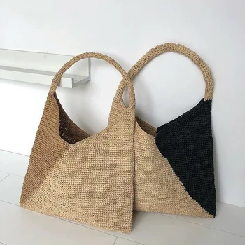 Casual grande capacità Tote rafia borse borsa di paglia intrecciata a mano Patchwork borse a tracolla da donna borse da spiaggia estive grandi borse 2024