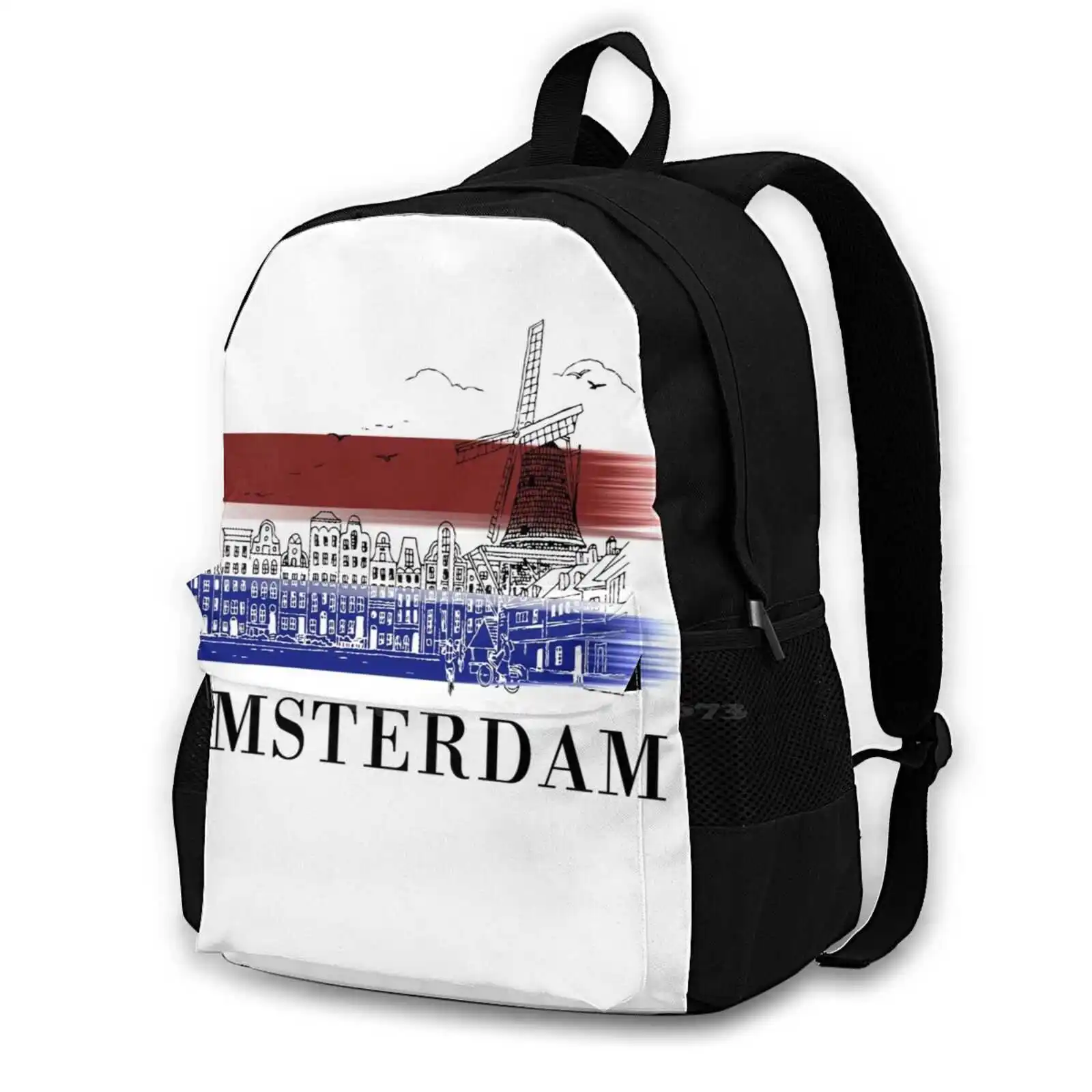 Amsterdam Skyline Sketch With Netherlands Flag Background Hot Sale Schoolbag Backpack Fashion Bags Amsterdam Amsterdam