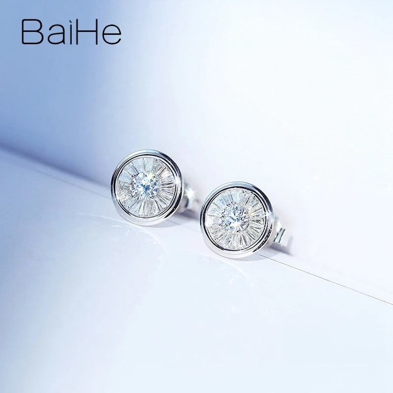 BAIHE Real Solid 14K White Gold H/SI Natural Diamond Round Stud Earrings Women Men Fine Jewelry Runde øreringe Apvalūs auskarai