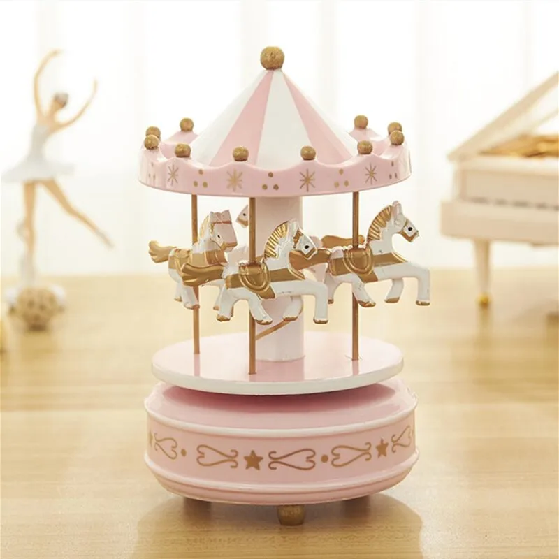 Wooden Carousel Music Box Vintage Merry-Go-Round Horse Music Boxes Baking Cake Decoration Top Christmas Birthday Gifts