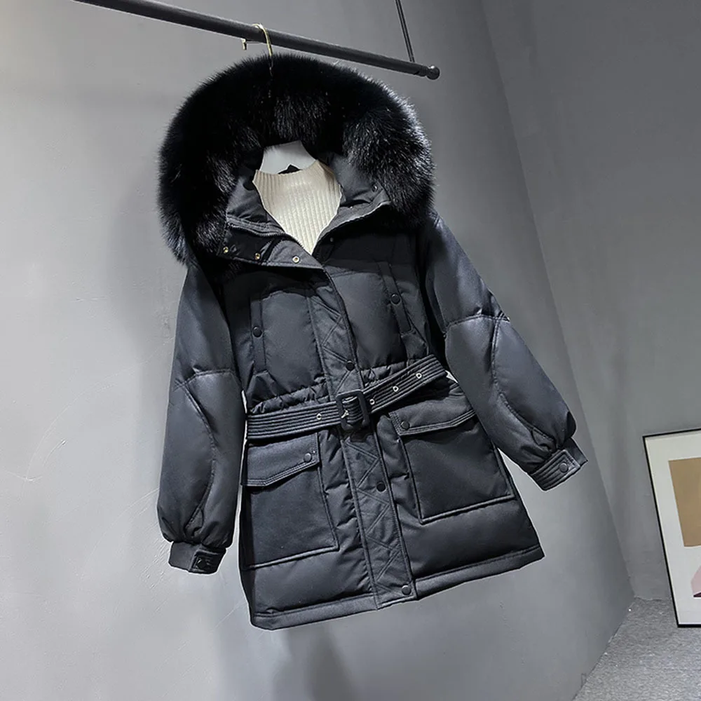 2021 New Large Real Fox Fur Winter Puffer Down Jacket Women 90% White Duck Down Coat Female Hooded Warm Belt Parkas