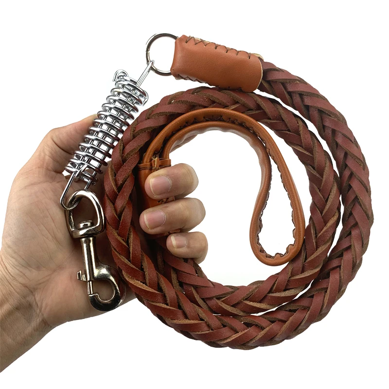 Genuine cowhide leather Large dog Leashes rope Big dog weaving hauling rope Shock resistant spring Traction belt for walk Collar