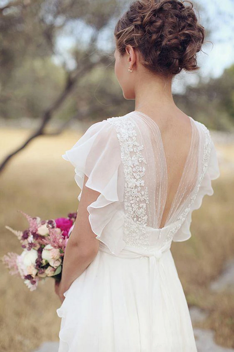 Bohemian V-hals Trouwjurken Een Lijn Strand Bruidsjurken Boho Bridal White Lace Jurk 2021 Backless Voor Vrouwen Vestidos