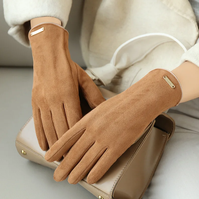 Men Women Winter Plus Velvet Plush Warm Driving Mitten Metal Label Suede Leather Outdoor Sport Touch Screen Cycling Glove R57