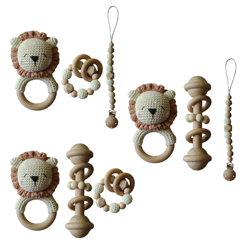 

2024 New 3 Pcs/Set Baby Pacifier Chain Clip Dummy Nipple Holder Wooden Bracelet Crochet Lion Music Bell Teething Toy Rattle