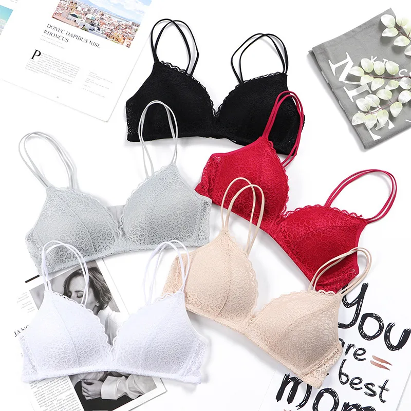 Women Bralette French Style Lace Bra Girls Triangle Cup Lingerie Deep V Wireless Underwear Soft Thin
