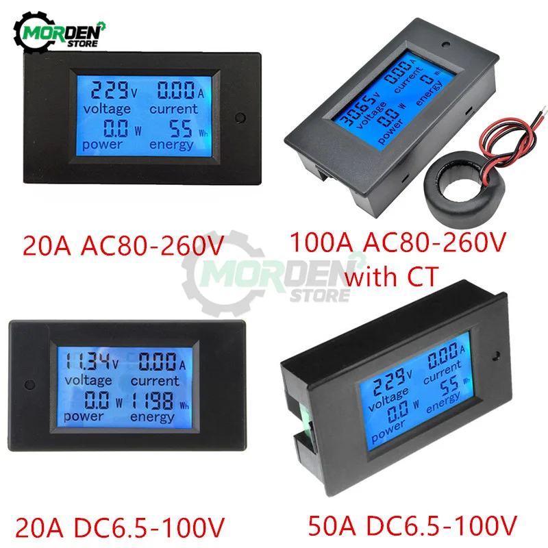 20A/50A/100A DC 6.5-100V AC 80-260V 4 in 1 LCD Digital Voltmeter Ammeter DC Voltage Current Power Energy Meter Detector Shunt