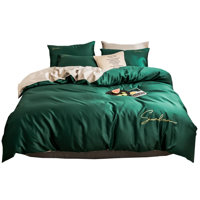 2023 Four-piece bedding simple cotton double household bed sheet quilt cover embroidered piping comfortable bedding green-khaki