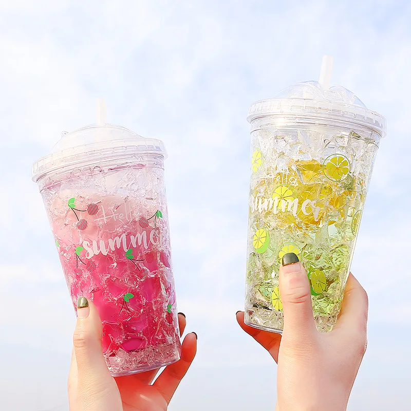 

450ml Crushed Ice Type Straw Cup Plastic Fresh Summer Sippy Cup Double-layer Cold Drink Bottle With Bow Lid Refillable Bottles