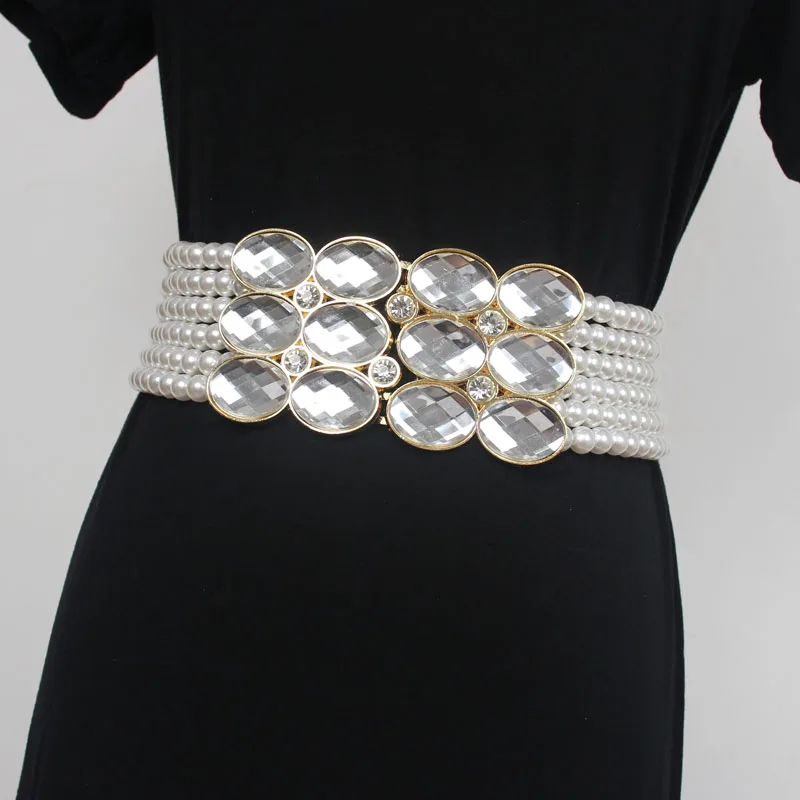 

Handmade WIde Layers Pearl Weaving Waist Belt for WOmen Luxury Rhinestone Elastic Waistband European Dress Corset Ceinture Strap