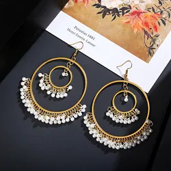 Women's Gold Color Big Round Indian Jhumka Earrings 2022 Ethnic Gypsy Pearl Tassel Drop Earring Fashion Jewelry