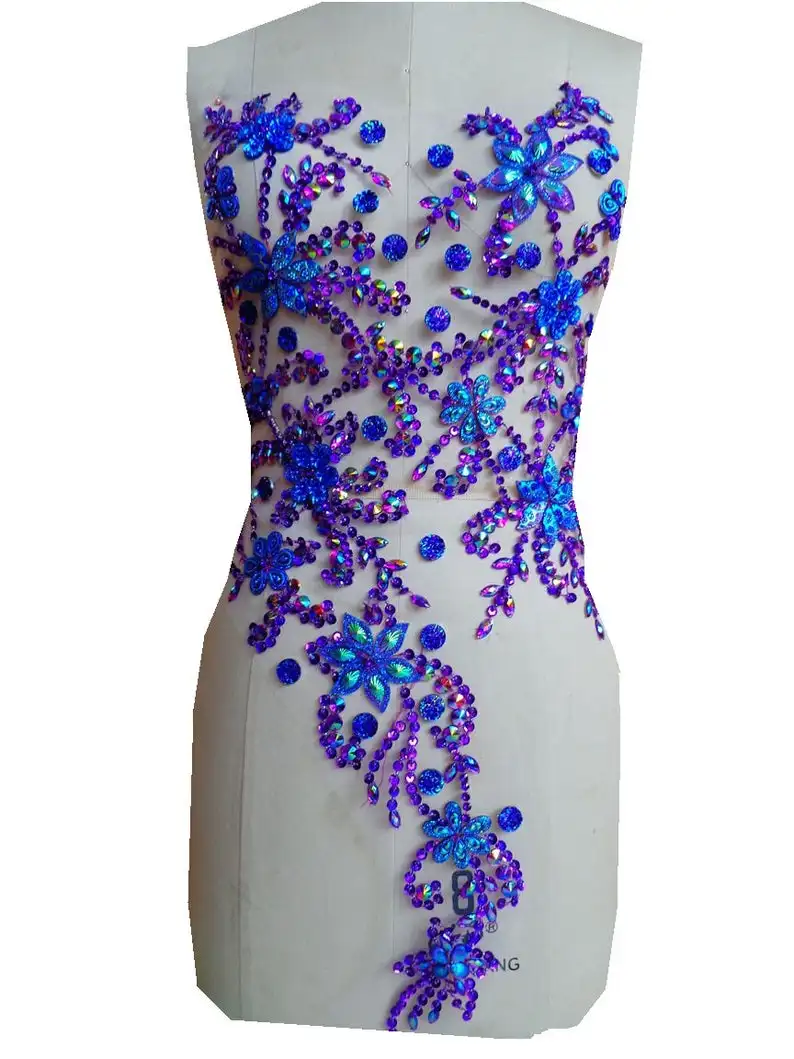 Bridal Bodice Patches, Heavy Beaded Sequins Mesh Lace Applique, Royal Blue/Purple/Colorful Sew On Lace Motif 60*30cm 1 Piece