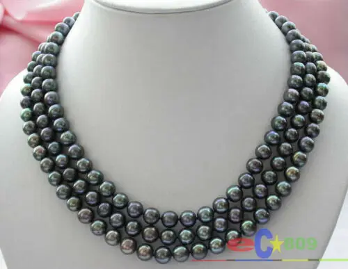 

3ROW 8-9MM BLACK ROUND FRESHWATER CULTURED PEARL NECKLACE