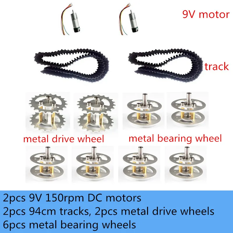 

DIY Metal Smart Tank Chassis Part 2pcs 9V 150rpm Encoder Motor+ 2pcs 80cm Track+ 2pcs Metal Drive Wheel+ Metal Bearing Wheel Kit