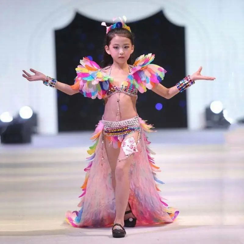 Children's Day girls catwalk colourful trailing clothing children white blue color exaggerated feathers stage costumes for girl