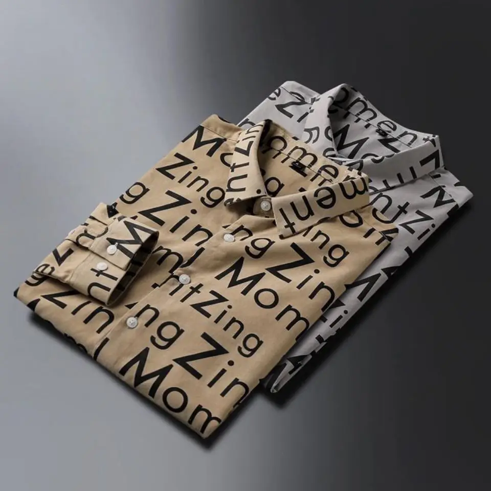 Camisa de manga larga para hombre, Camisa ajustada de moda coreana, de negocios, informal, con letras, sin planchar, primavera y otoño