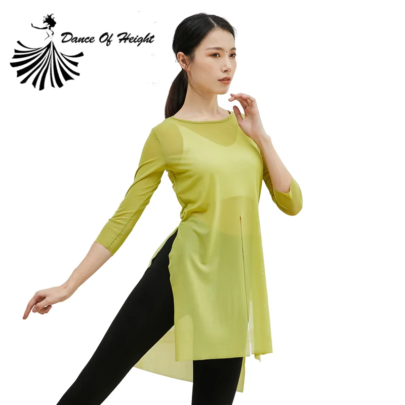 Classical Dance Practice Shirt See Through Ballet Stretch Mesh Tops Side Split Folk Dancer Body Rhyme Suits 3/4 Sleeve Summer