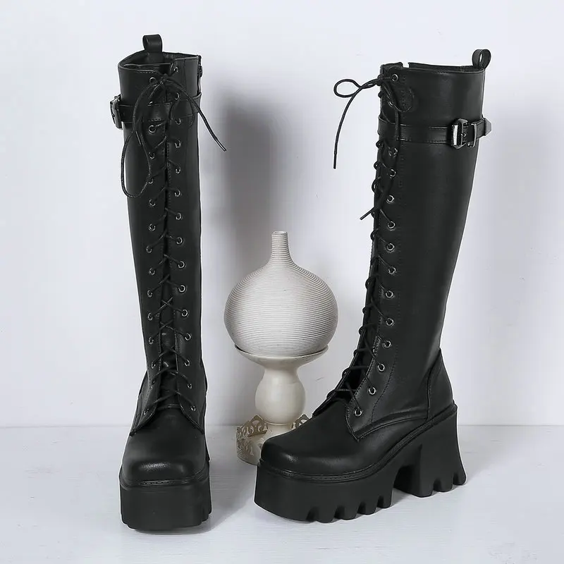 Platform Square High Heel Women Knee High Boots PU Leather Motorcycle Boots Short Plush Winter Boots Square Toe Lace Up Boots