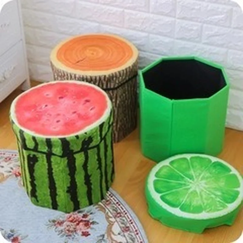 Folding Storage Organizer Ottoman Stool Cute 3D Creative Fruit Velvet Children Toy Storage Box Footstool Seat Fruits Pattern