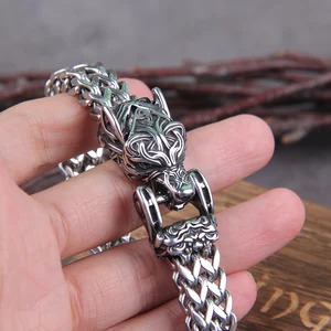 Edelstahlnetzkette für Männer, nie verblasste Felsen, Wolf Viking Armband Offene Mund, Punk -Armbänder, Bikerschmuck 8 Hauptboca -Wolfsverkäufe - №3