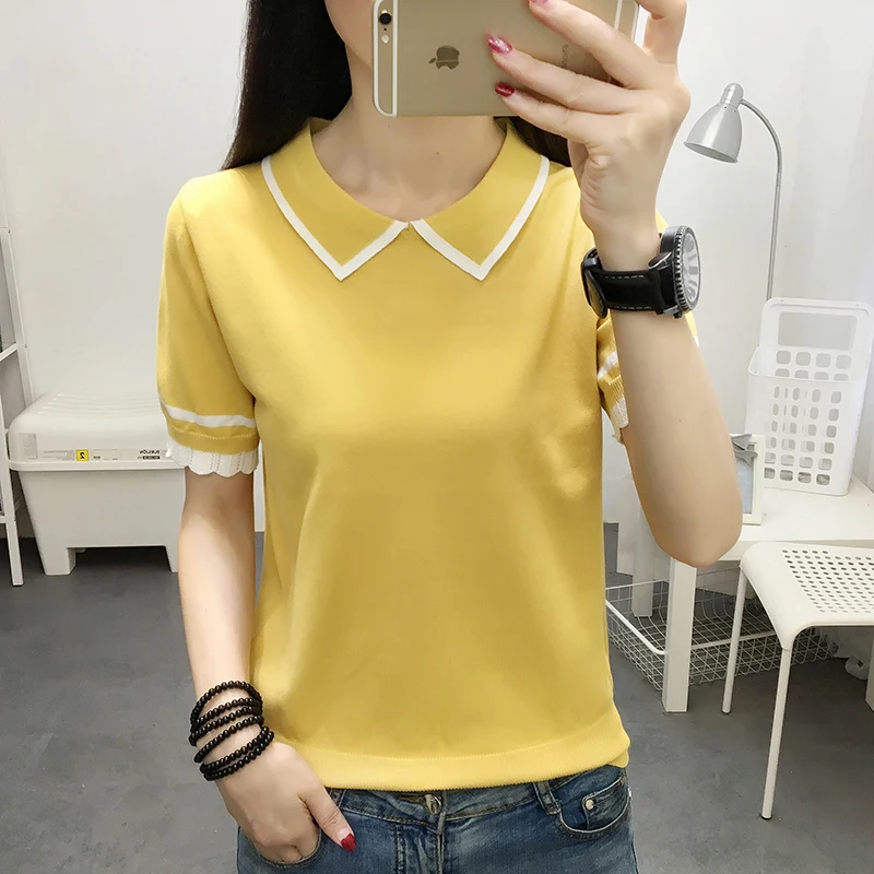 Summer  new spring clothing ice silk knitting women's short sleeve T-shirt women's half sleeve short doll collar top