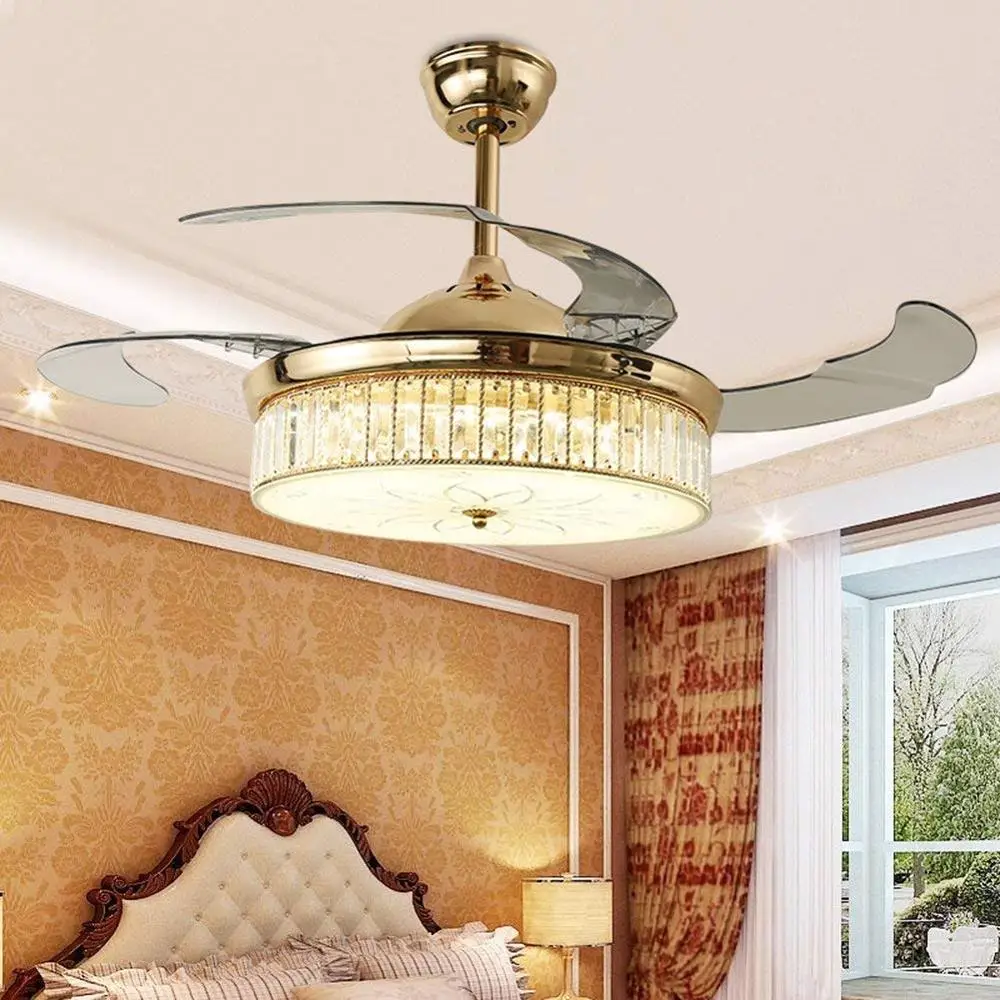 42 Inch Ceiling Fans 4 Retractable Blades LED Ceiling Fan Three Color Change Crystal Chandelier with Remote Control