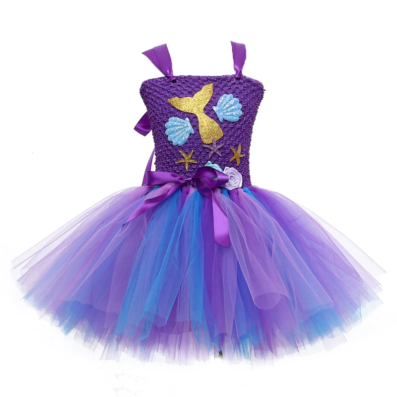 

Mermaid Purple Flower Kids Girls Party Tutu Dresses Sea Shell Star 1-14 Year Children Cosplay Carton Theme Clothes Outfits