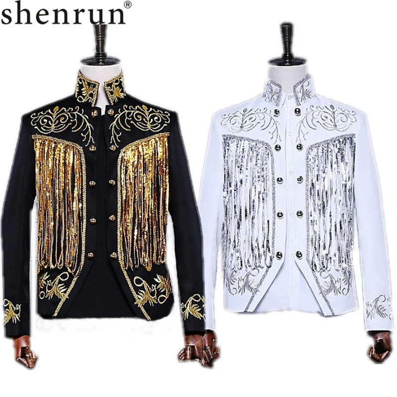 Shenrun Men\'s Black White Suit Jacket Sequins Embroidery Gold Silver Twinkle Tassel Blazers Slim Fit Stage Dress Singer Costumes