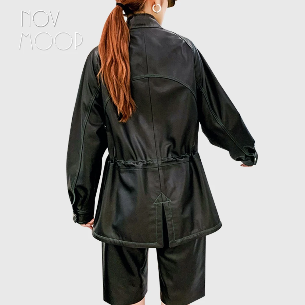 Novmoop sheepskin genuine leather women sports jacket patched with green leather strap sleeve easy to wear spring veste LT3468