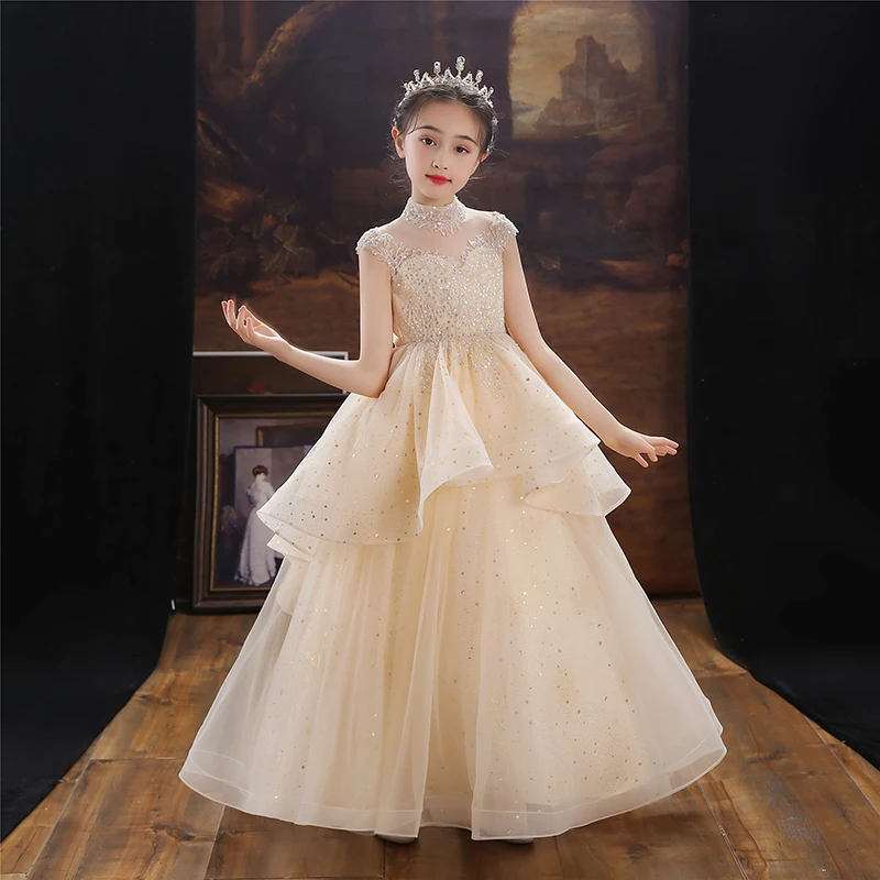 Champagne Long Tulle Flower Girl Dresses Sequin Lace Party Wedding Birthday Formal Dresses for Girl Princess Communion Costume