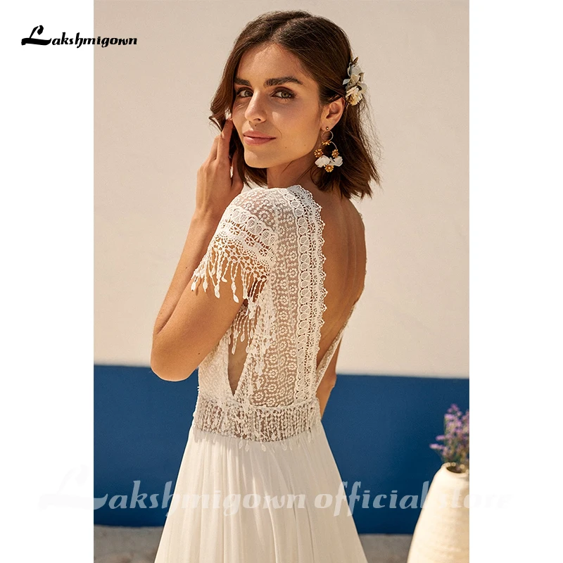 Vestidos de novia bohemios de encaje para playa, vestidos de novia bohemios de manga corta con cuello en V, vestidos de novia bohemios sin espalda,