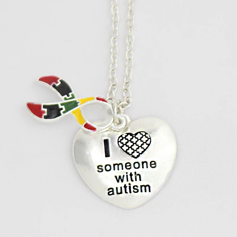 Autism Ribbon Sticker Silver Metal Pendant Necklace Love Support Education Advocate Acceptance Of Autistic Patients Jewelry