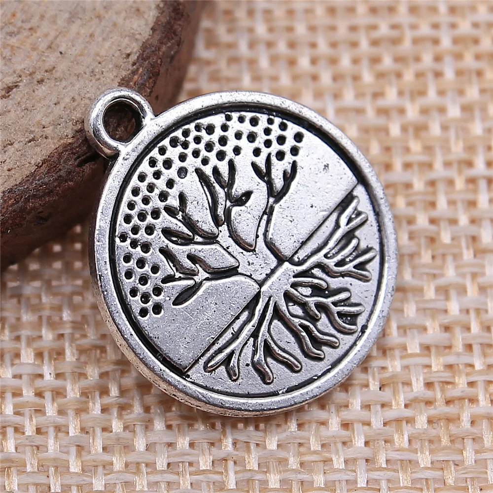 22pcs 20x23mm antique silver Single-sided tree round tag charms diy retro jewelry fit Earring keychain hair card pendant