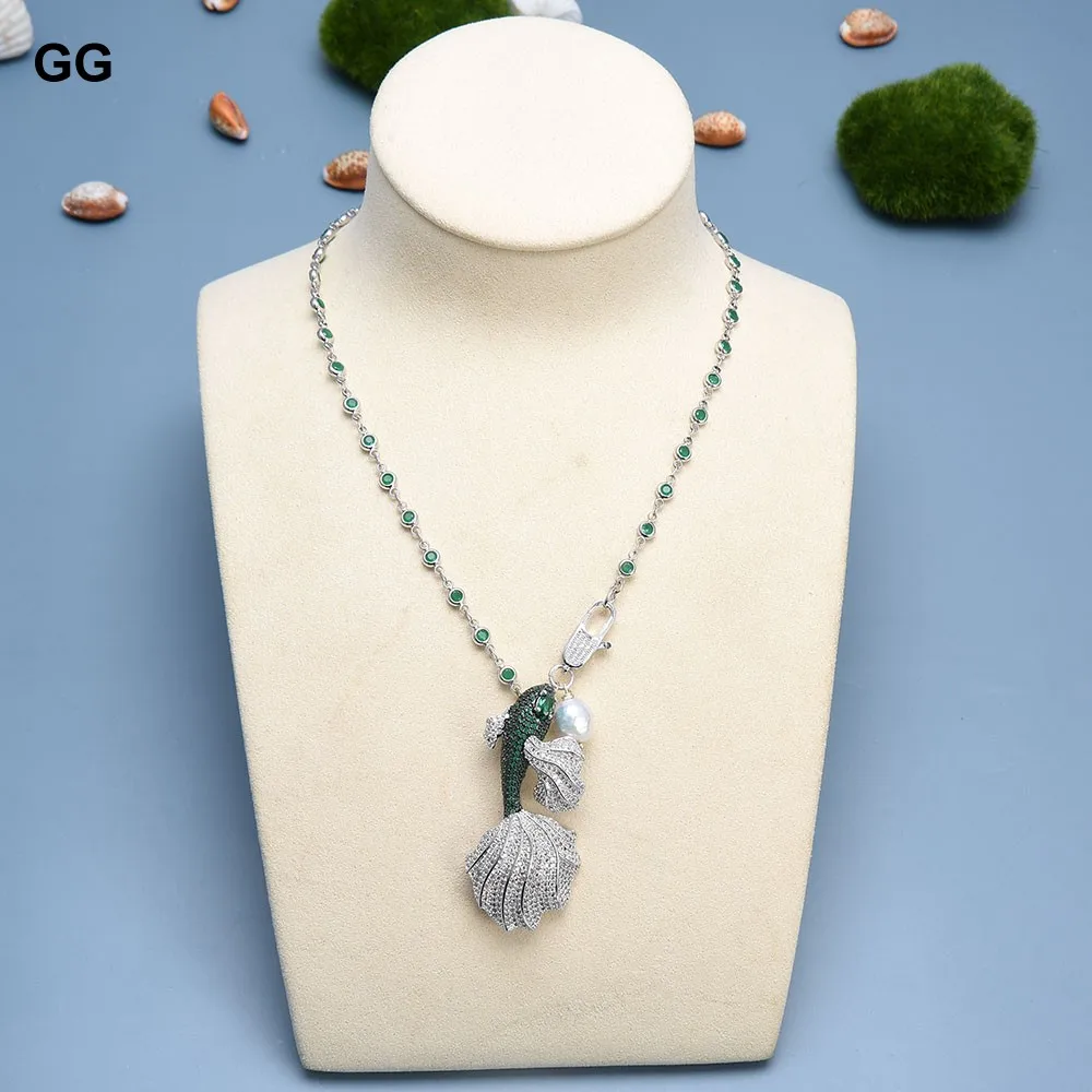 Imagem -04 - Gg-colar de Pérolas Keshi Branco Natural para Mulheres Pingente de Zircônia Verde Corrente de Peixe Micro cz Pave Broche Pingente para Meninas