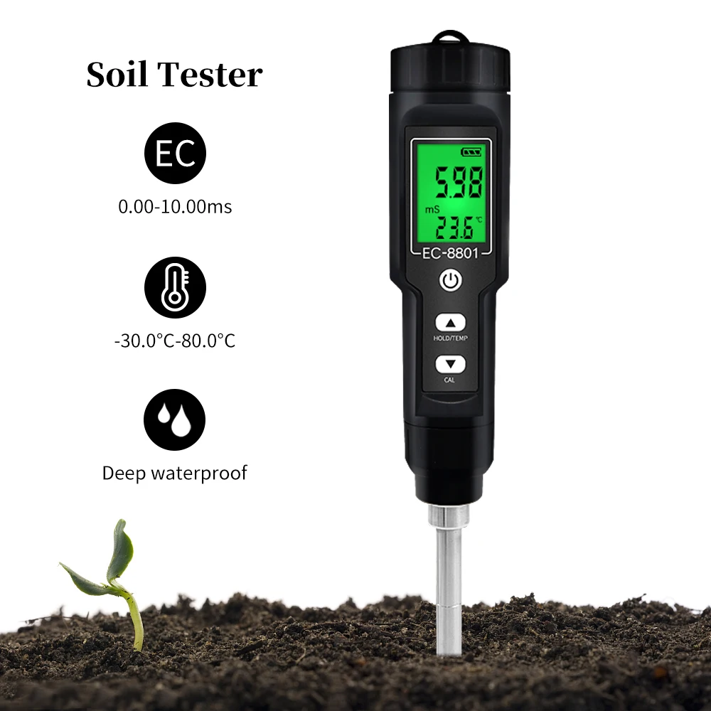 New EC/TEMP Soil Tester 0.00-10.00 mS/Cm Hand Digital Waterproof Garden Meter Soil Meter Tool Potted Plants Farm Agriculture