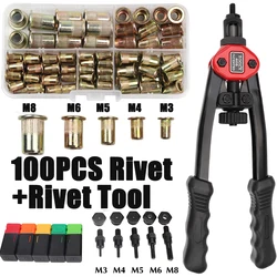 100pcs Rivet Nut+Hand Threaded Rivet Nuts Gun Double Insert Manual Riveter Gun Riveting Tools BT606 M3 M4 M5 M6 M8 Rivnut Rivet