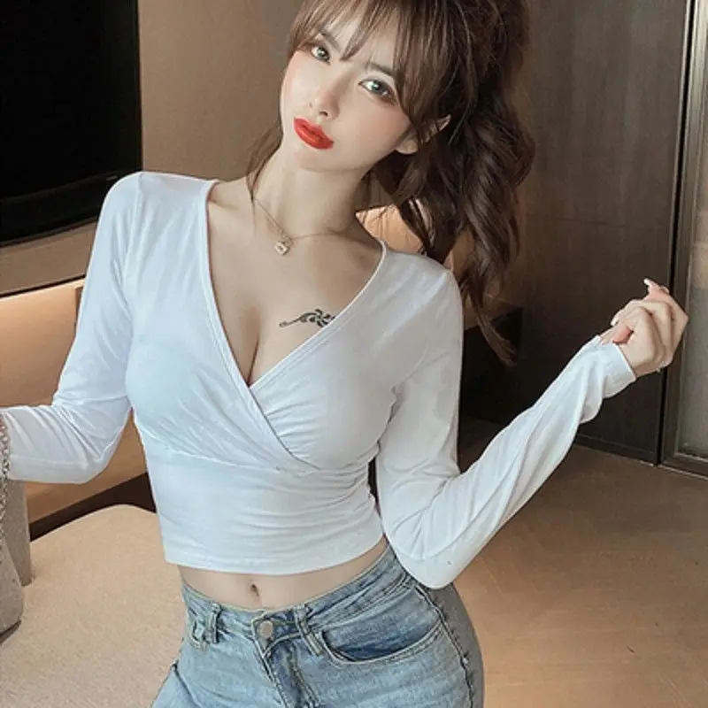 Sexy Solid Basic Long Sleeve T Shirt Women Tshirt Casual Tops Black V Neck Fashion Crop Top Ladies Fashion Korean Tee Shirt