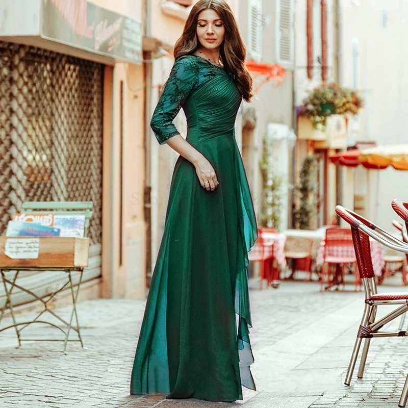 2024 Green Long Scoop Half Sleeves Chiffon Evening Dress Appliques A-line Pageant Prom Formal Gowns Robe De Soriee