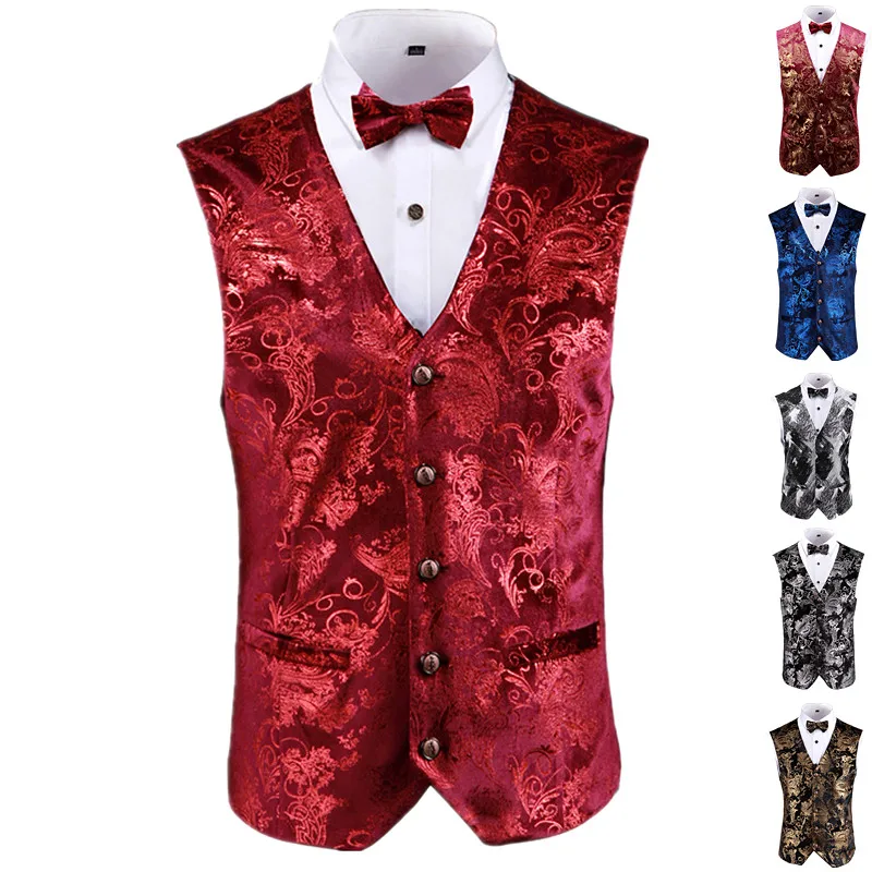 Waistcoat Men Luxury Gold Printed Vest Men's Large Size 4XL 5XL Red Blue Silver Wedding Vest for Men