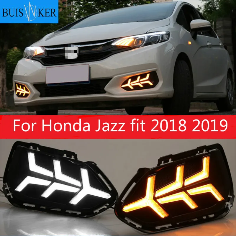 

2pcs For Honda Jazz fit 2018 2019 LED Daytime Running Lights DRL Fog lamp cover with Yellow turning signal lights
