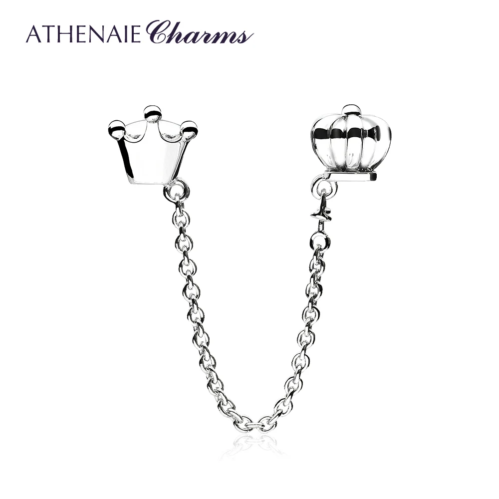 ATHENAIE 925 Sterling Silver Princess Or Queen Crown Safety Chain Charms Fit European Bracelets