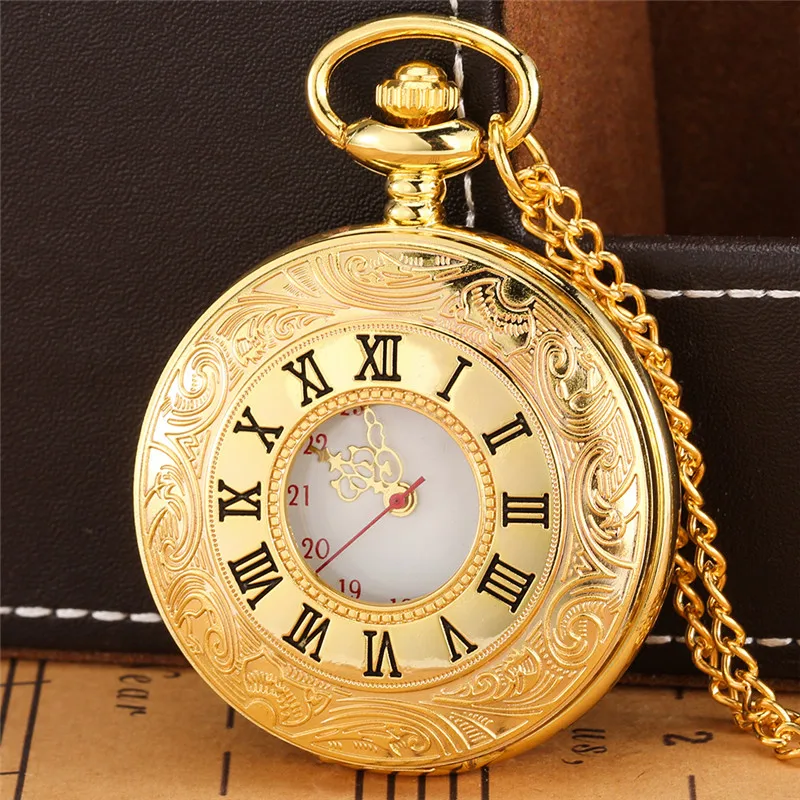 Reloj de bolsillo con números romanos para hombre y mujer, pulsera de cuarzo con colgante, cadena y collar de oro amarillo de lujo