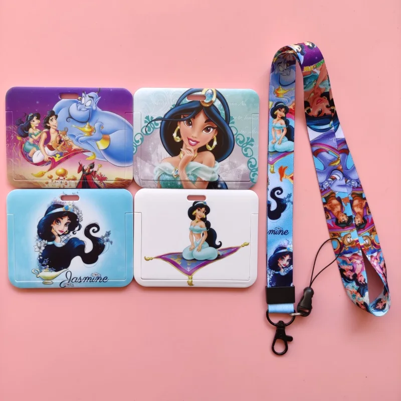 Disney Jasmine Aladdin Women\'s Name Card Covers ID Card Holder Students Bus Card Case Lanyard Visit Door Identity Badge