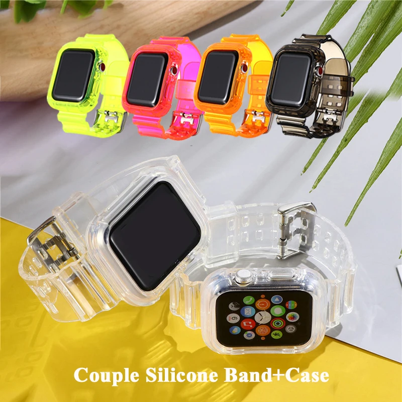 Couple Silicone band For Apple Watch 42MM 38MM Case+Transparent Rubber Band For Apple watch SE Series 6 5 4 40mm 44mm Bracelet