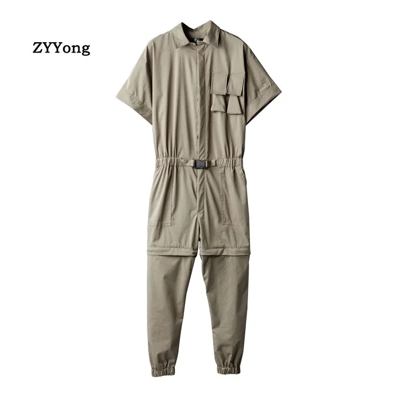 Summer Men's Short-Sleeved Jumpsuit Overalls Lapel Knee Detachable Hip-Hop Casual Beam Feet Cargo Pants Green Black Trousers