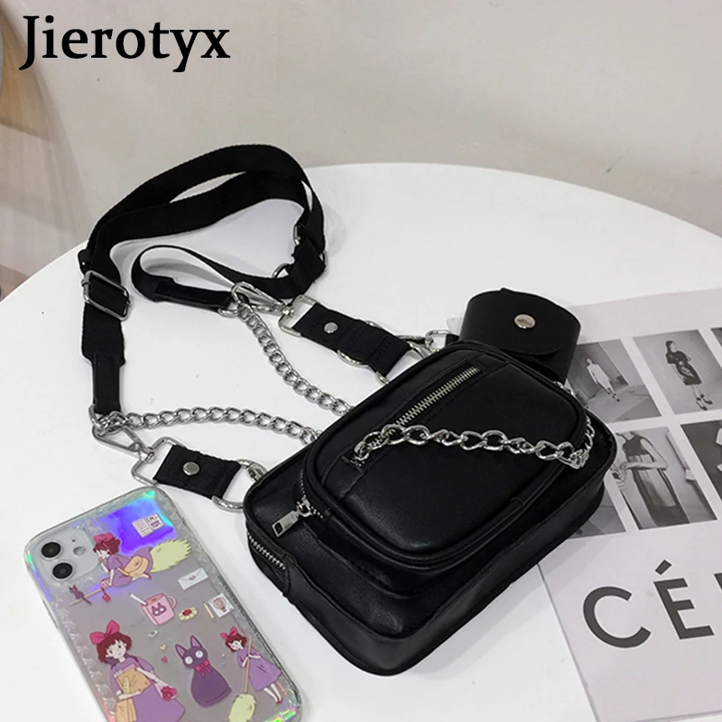 JIEROTYX 2021 Solid Black Women Messenger Bags Gothic Style Female Shoulder Bags Chains Versatile Concise Fashion Brands Designs